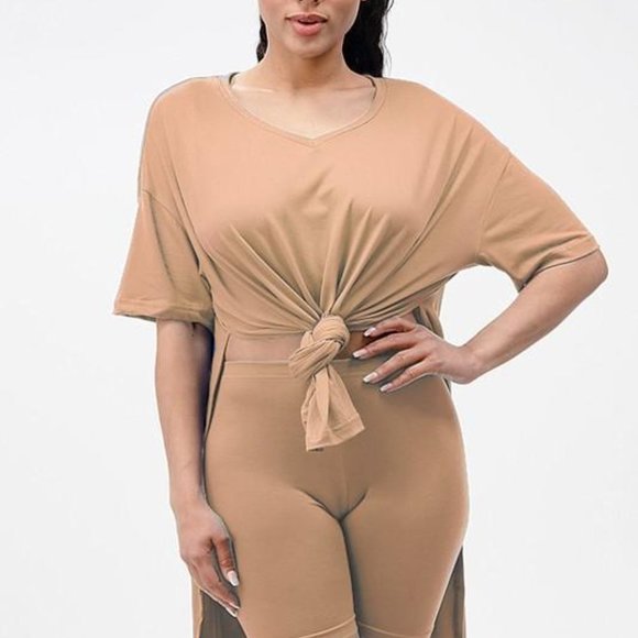 Kayla Two Piece Biker Set with Oversized Shirt-Kha - Picture 2 of 3